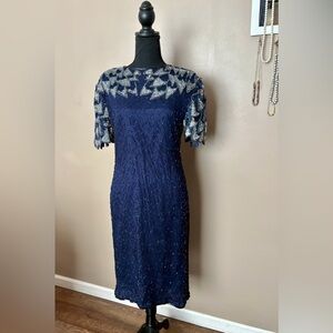 Vintage 80s Swee Lo silk beaded embellished cocktail dress navy blue silver sz M